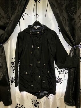 Time and Tru Black Hooded Utility Jacket with Drawstring Waist